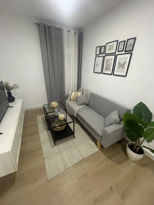 Salón pintado en blanco con cuadros, sofá gris y plantas